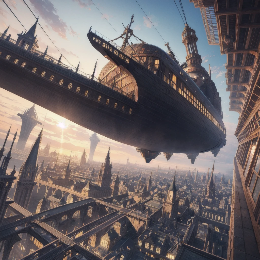 A highly detailed, clear, masterpiece, 8K, high resolution, ultra-detailed, photorealistic, professional lighting, cinematic lighting, fashion photography, ambient lighting, fantasy, background, floating trains, giant airships, surreal, amazing, scene, wonderful, complex, giant cityscapes, from below, ancient city, atmosphere