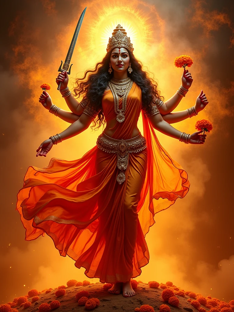 The 6th day of Navratri holds special significance as it is dedicated to Goddess Katyayani, an incarnation of Goddess Parvati. She is revered as the warrior goddess, symbolizing strength and courage.
Goddess Katyayani is depicted with four hands, holding a sword, a lotus, a mudra (gesture), and a blessing pose. She is often associated with the color orange, signifying power and enthusiasm.Devotees offer prayers, perform rituals, and adorn the goddess with vibrant orange-colored clothes and flowers. It is believed that worshiping Goddess Katyayani on this day can help in overcoming challenges, defeating negativity, and gaining inner strength.