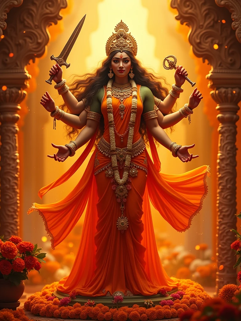 The 6th day of Navratri holds special significance as it is dedicated to Goddess Katyayani, an incarnation of Goddess Parvati. She is revered as the warrior goddess, symbolizing strength and courage.
Goddess Katyayani is depicted with four hands, holding a sword, a lotus, a mudra (gesture), and a blessing pose. She is often associated with the color orange, signifying power and enthusiasm.Devotees offer prayers, perform rituals, and adorn the goddess with vibrant orange-colored clothes and flowers. It is believed that worshiping Goddess Katyayani on this day can help in overcoming challenges, defeating negativity, and gaining inner strength.