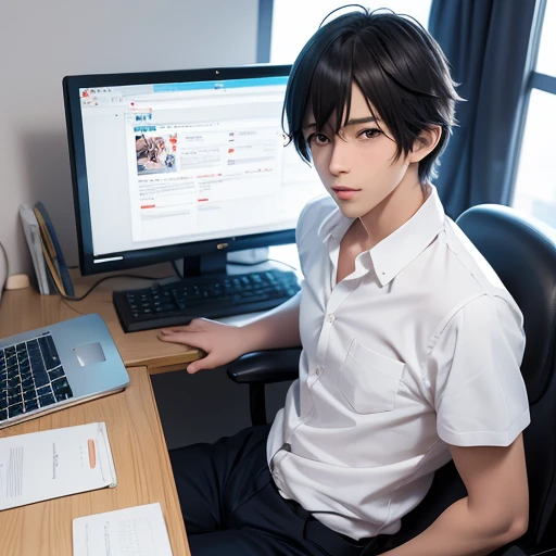 Anime boy sitting at desk, cute boy, holding computer and keyboard, ((Makoto Shinkai)), studio brisk Makoto Shinkai, Guvez style artwork, Makoto Shinkai. Digital rendering, digital anime illustration, kavasi, Makoto Shinkai art style, Makoto Shinkai style, Makoto Shinkai!