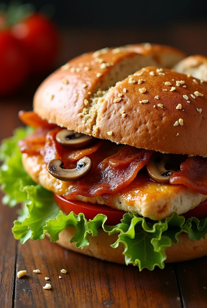Whole Wheat Bread Long Chicken Breast, Sautéed Mushrooms, queso, bacon, vegetables 

