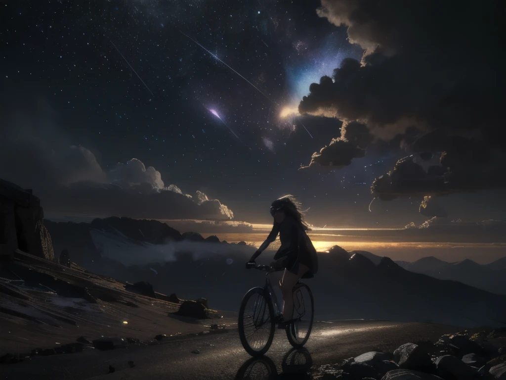 a supernatural girl riding a bicycle in a dark, cursed mountain landscape with a strong backlighting, surrounded by ghostly steam, (best quality, 8k, highres, masterpiece:1.2), ultra-realistic raw photo, professional photography, (realistic, photo-realistic:1.3), cinematic lighting, dramatic rim lighting, meteors, starry sky