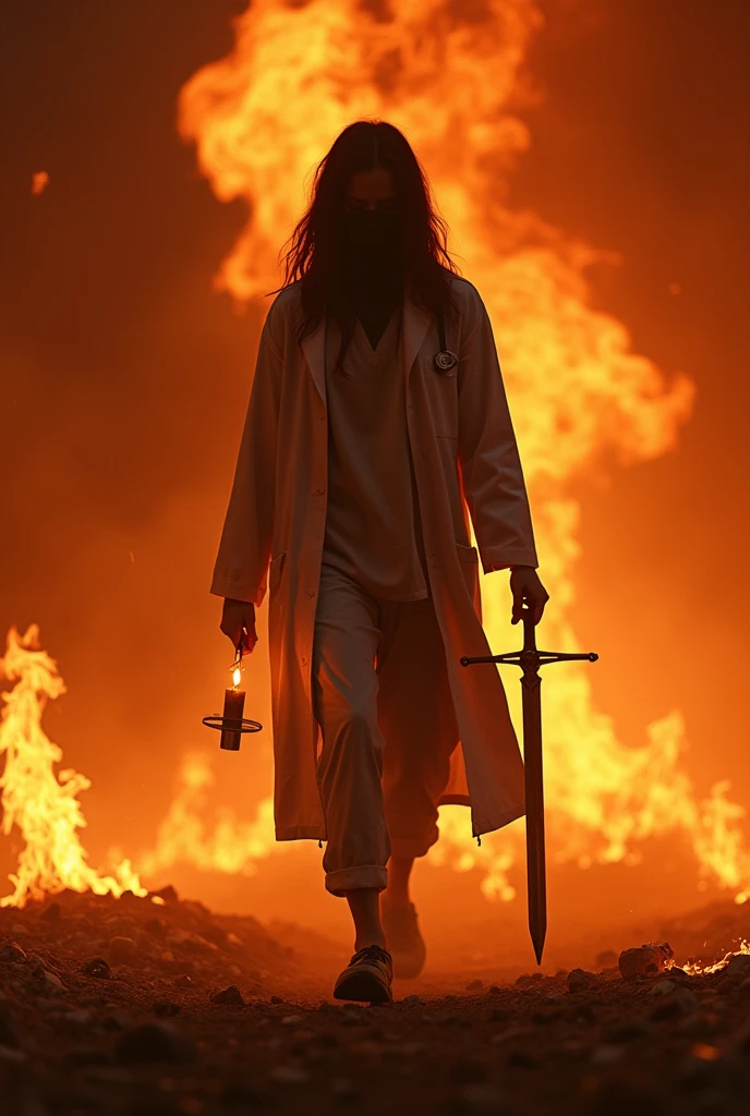 A crying female doctor with no face holding candle in one hand and sword in another hand walking in fire