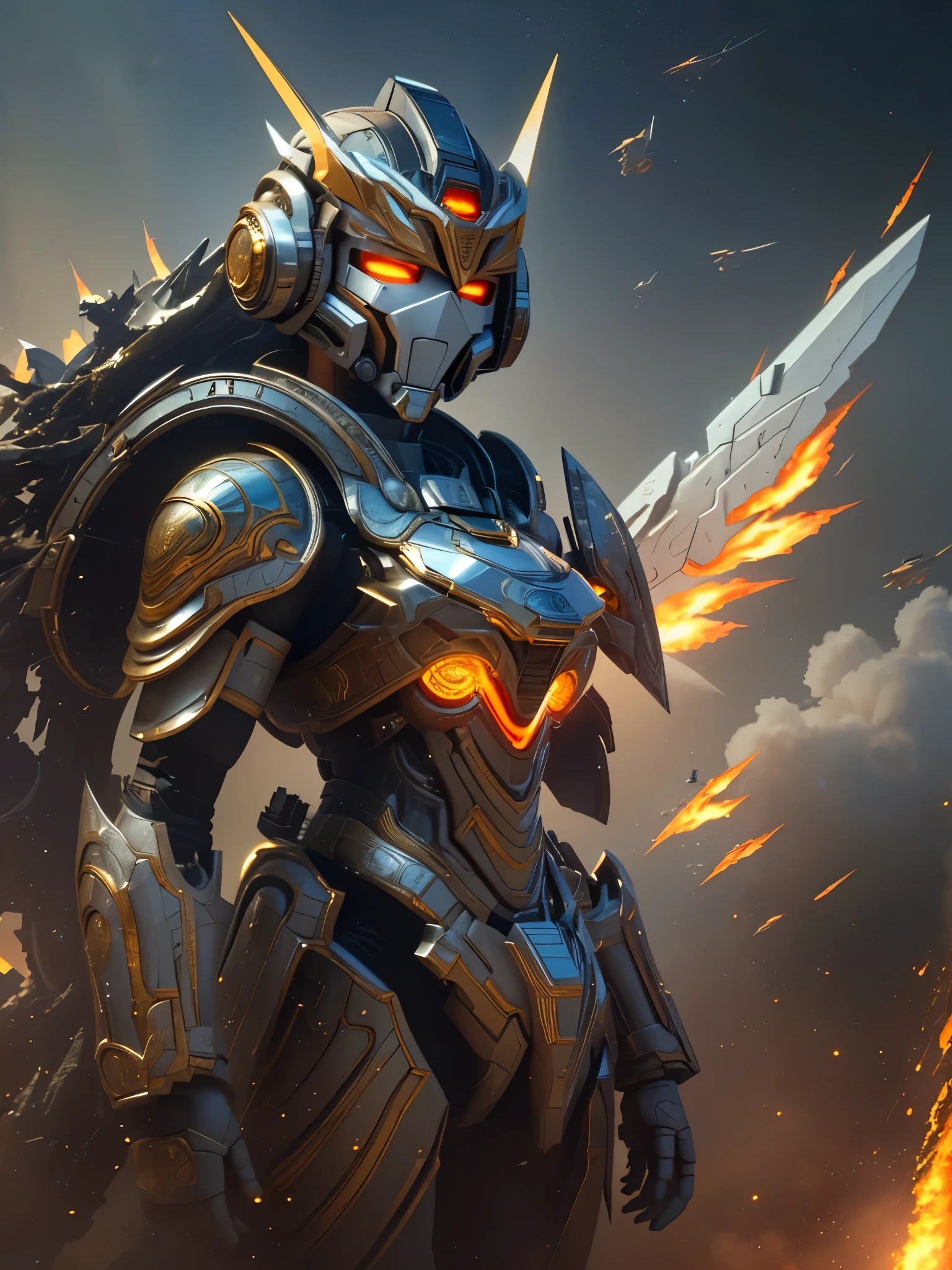 ((Highest quality)),(Ultra-high resolution),(Super detailed),(Detailed Description),((The best CG)),(masterpiece),Highly detailed art,(Art with precise detail:1.5), ((Science fiction movies:1.5)), (A meticulously crafted sci-fi setting:1.6), Lead-colored, gold, The heart will regain its brilliance, steel, Storm Light the fire, It's hard to attack, impregnable, ((The final blow:1.3)), Shattering Stars々, Flying rays, Illumination,