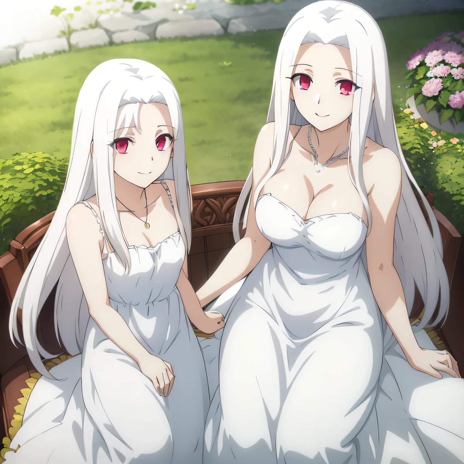Irisviel,white with gpld dress sleeveless,solo,looking at viewer,beautiful smile,arm at side,middle size of breast,beautiful necklace,matching remix,revealing dress,in beautiful garden,Irisviel with her daughter