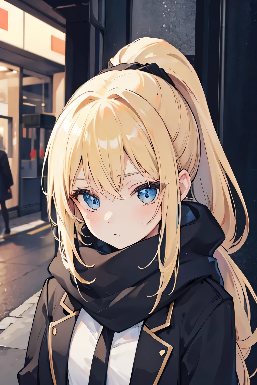 Girl，Blonde，ponytail，Black，coat，Scarf