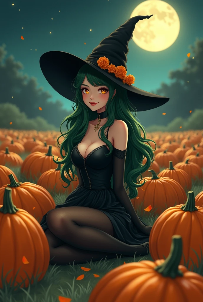 Halloween, witch, field of pumpkins, full moon, anime, black dress, dark green hair, stockings, medium boobs, sitting, adult woman, smiling, realistic