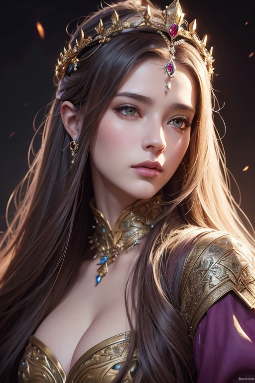 a woman with long hair and a crown on her head, detailed matte fantasy portrait, fantasy concept art portrait, hyperdetailed fantasy character, epic exquisite character art, stunning character art, goddess. extremely high detail, epic fantasy art portrait, elegant cinematic fantasy art, fantasy character portrait, epic fantasy art style, alexandra fomina artstation, epic fantasy art style hd