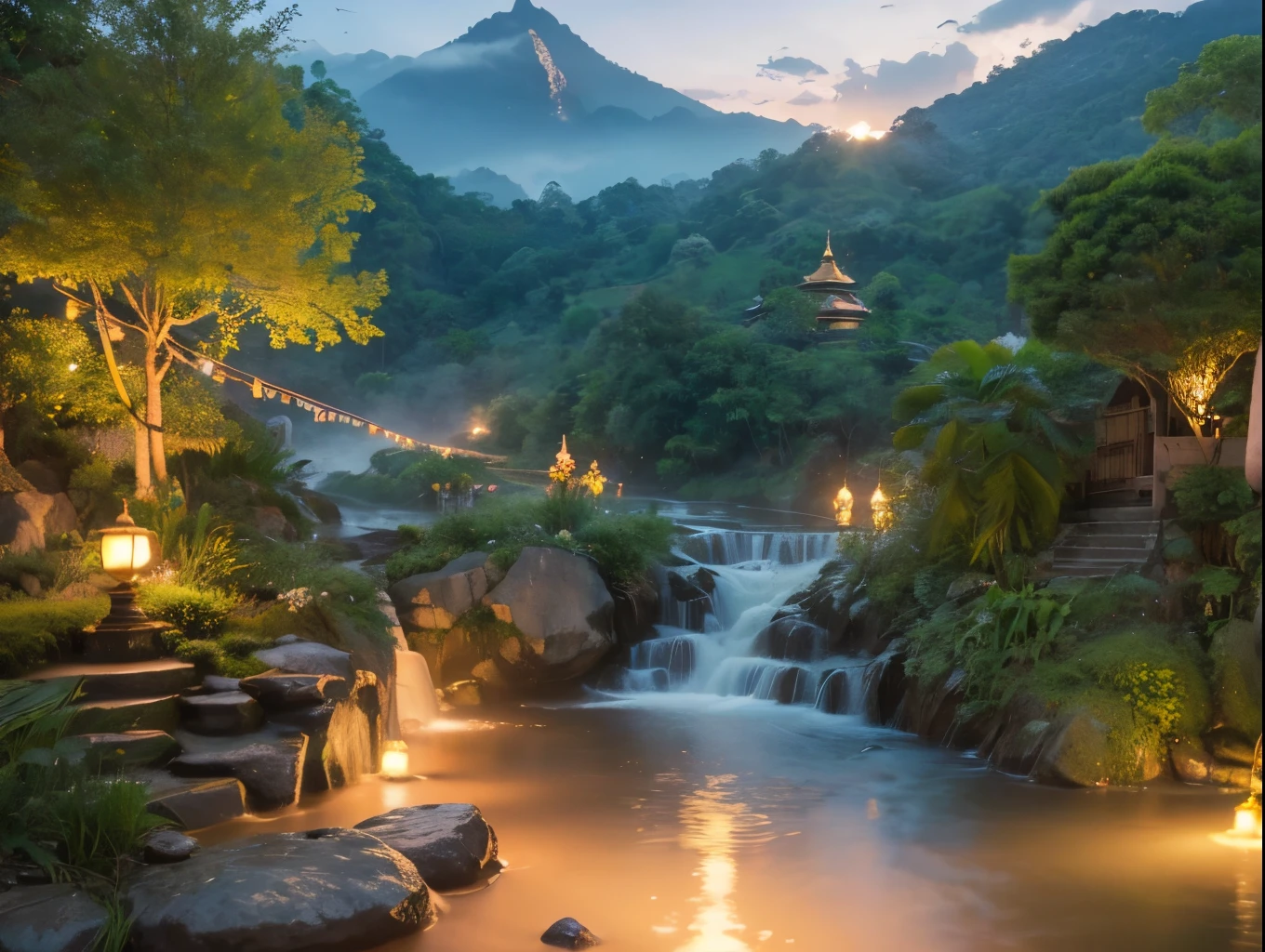 a serene landscape of thailand, lush tropical rainforest, rolling hills, winding rivers, ornate buddhist temples, golden pagodas, colorful floating markets, local people in traditional clothing, elephants roaming freely, beautiful detailed eyes, beautiful detailed lips, extremely detailed eyes and face, longeyelashes, (best quality,4k,8k,highres,masterpiece:1.2),ultra-detailed,(realistic,photorealistic,photo-realistic:1.37),HDR,UHD,studio lighting,ultra-fine painting,sharp focus,physically-based rendering,extreme detail description,professional,vivid colors,bokeh,landscape,fantasy,dreamlike,warm color palette,dramatic lighting