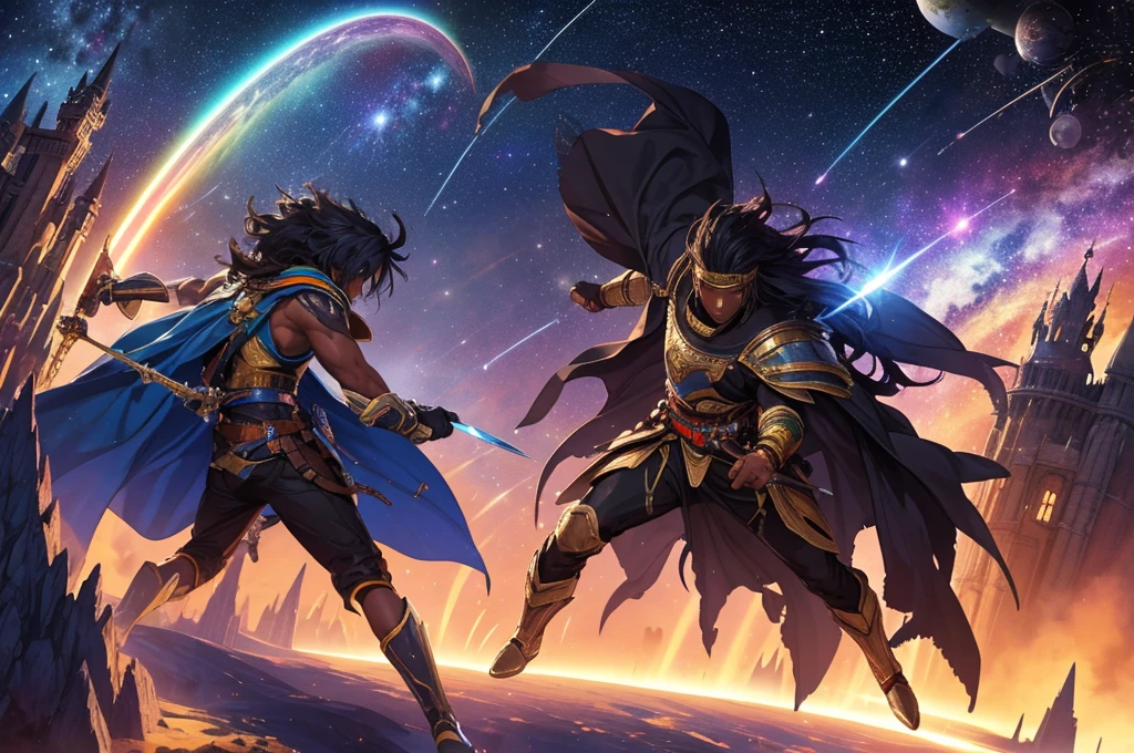African American male, dark skinned male, long spiky hair, battle outfit, rainbow sword, flying to a castle in space, space, colorful, galaxies, planets, medieval castle, golden castle