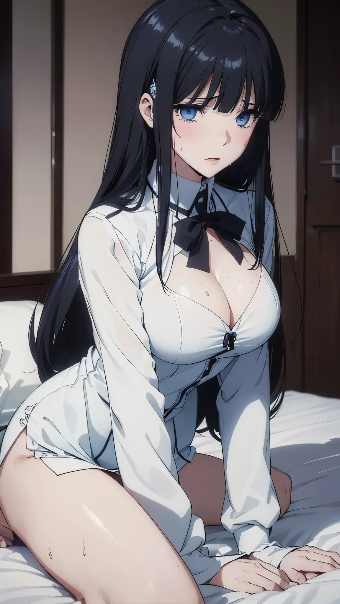 1 personの, alone, masterpiece, Highest quality, The Irregular at Magic High School, Miyuki Shiba, Shiba Miyuki, iris, blue eyes, tsurime, eyelash, Black Hair, Long Hair, Hime cut, Straight hair, Blunt bangs, blunt end, Side Lock, hair ornaments, snowflake hair ornaments,High School Uniform, dress, white dress, collared dress, Jacket, green Jacket, cropped Jacket, open Jacket, Long sleeve, Large Breasts, (masterpiece: 1.3), (Maximum resolution: 1.2), (Ultra HD TV: 1.2), Cinematic Light, 8k resolution, Detailed facial features , (Sharp focus: 1.2）, (Focus on the face:1.2),Perfect Style, Beautiful Face, Acura, Anatomically correct, Highly detailed face and skin texture, Beautiful Eyes,Beautiful Eyes, Thin eyebrows, Natural Cheeks, Glowing Skin, Fair skin: 1.2, (Glossy Lips: 1.4),、 (Embarrassed look: 1.2),Highly detailed face and skin texture, Natural Cheeks, , Glossy Lips: 1.4,Perfect Style、Cleavage、Soft Breasts、（Semen on chest:1.6）（Cum on thighs 1.5）、 Sperm on tongue、Drenched in sweat、Wet clothes、blush、A humiliating look、Anxious expression、Frightened expression、Embarrassed look、Glare、anger、sorrow、tears、（Open your knees:1.5）、（Spread your legs:1.5）、 White underwear、Disheveled clothes、sweating、Thin underwear、18-year-old、 clear, A clean-cut woman,1 person、 Upward-facing chest, Black Hair、blue eyes、Beautiful Eyes、Torn clothing、（masturbation behavior:2.0）、At the bed、（On my back、At the bedLying down、Lying down、White sheets:1.7）、avert your eyes、Straight Long Hair