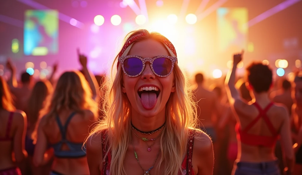 The bright sunlight highlights the vibrant colors and pulsating lights of the electronic dance music festival as a blonde girl strikes a pose amidst the revelry. Her headband and funky sunglasses gleam under the strobe lights, while her colorful clothing radiates energy. With tongue out in a playful Instagram-inspired gesture, she embodies the carefree spirit of the event. In the background, dancers move in unison to the infectious beats, their bodies swaying in harmony with the DJ's performance on stage
