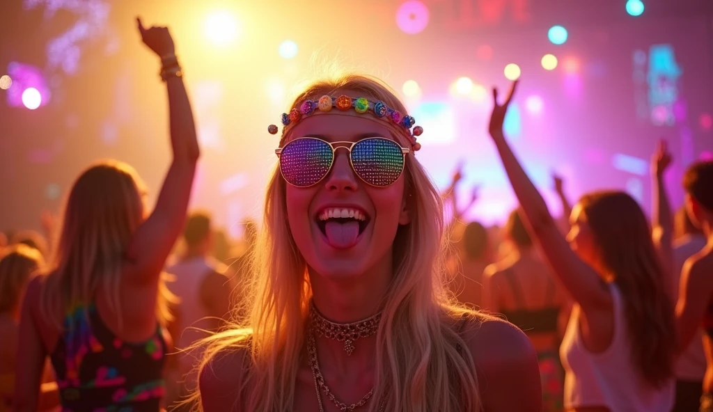 The bright sunlight highlights the vibrant colors and pulsating lights of the electronic dance music festival as a blonde girl strikes a pose amidst the revelry. Her headband and funky sunglasses gleam under the strobe lights, while her colorful clothing radiates energy. With tongue out in a playful Instagram-inspired gesture, she embodies the carefree spirit of the event. In the background, dancers move in unison to the infectious beats, their bodies swaying in harmony with the DJ's performance on stage