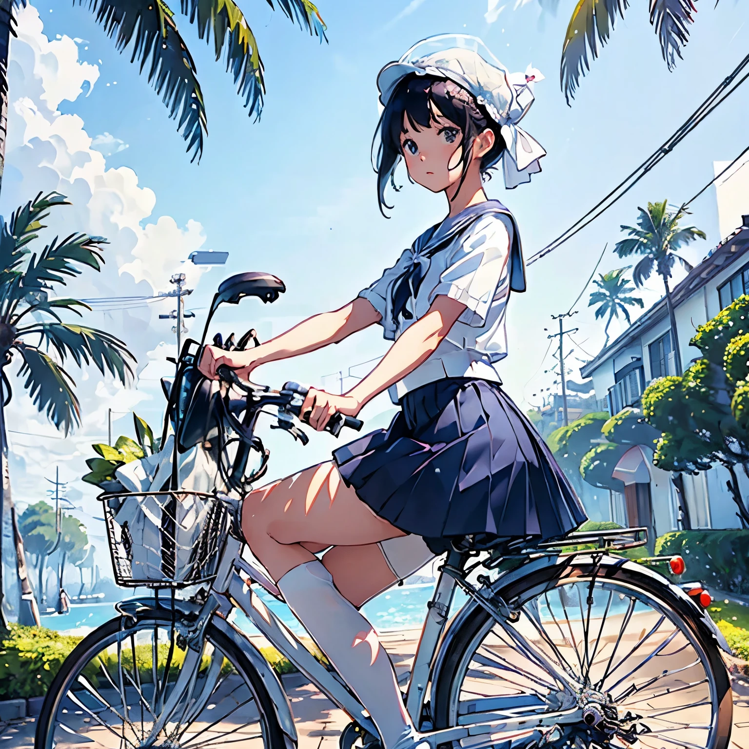 (A riding a white bicycle)、Small and cute、A white sailor dress with short sleeves、Palm tree, Summer blue sky, (Highest quality, masterpiece, High resolution)、8k、wallpaper、