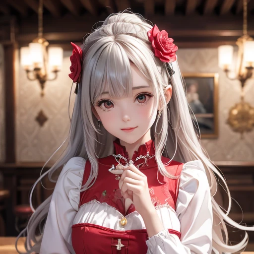 {{masterpiece}},best quality,highly detailed,extremely detailed CG unity 8k wallpaper,illustraction, 1girl, red eyes, wavy silver hair, pointy ears, vampire, dress, necklace, hair flower, snow, ice, full body, shot,high close up, highly detailed,center frame,sharp focus, looking at viewer, floting hair,