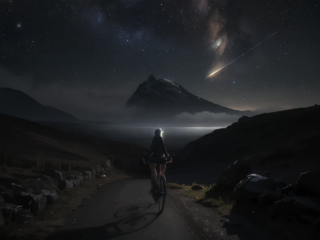 a supernatural girl riding a bicycle in a dark, cursed mountain landscape with a strong backlighting, surrounded by ghostly steam, (best quality, 8k, highres, masterpiece:1.2), ultra-realistic raw photo, professional photography, (realistic, photo-realistic:1.3), cinematic lighting, dramatic rim lighting, meteors, starry sky