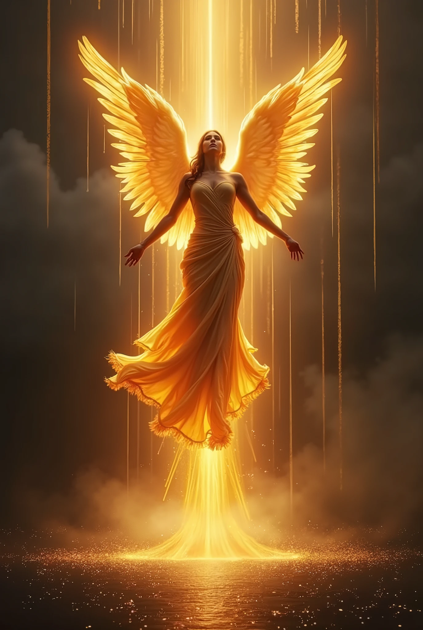 The image is a digital artwork depicting an angelic figure. The central figure has wings that resemble those of a phoenix, with fiery feathers glowing in shades of gold and orange. The figure's attire is reminiscent of classical mythology, with flowing drapery that also catches the light to appear golden. The halo around the head is radiant, suggesting a divine or celestial nature. The background is dark and dramatic, with what appears to be rain streaks in the air, enhancing the mystical atmosphere. The overall impression is one of power, divinity, and transformation, as suggested by the phoenix-like wings.