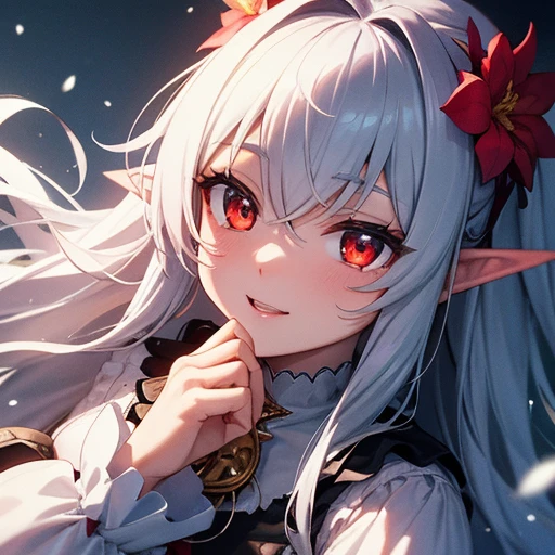 {{masterpiece}},best quality,highly detailed,extremely detailed CG unity 8k wallpaper,illustraction, 1girl, red eyes, wavy silver hair, pointy ears, vampire, dress, necklace, hair flower, snow, ice, full body, shot,high close up, highly detailed,center frame,sharp focus, looking at viewer, floting hair,