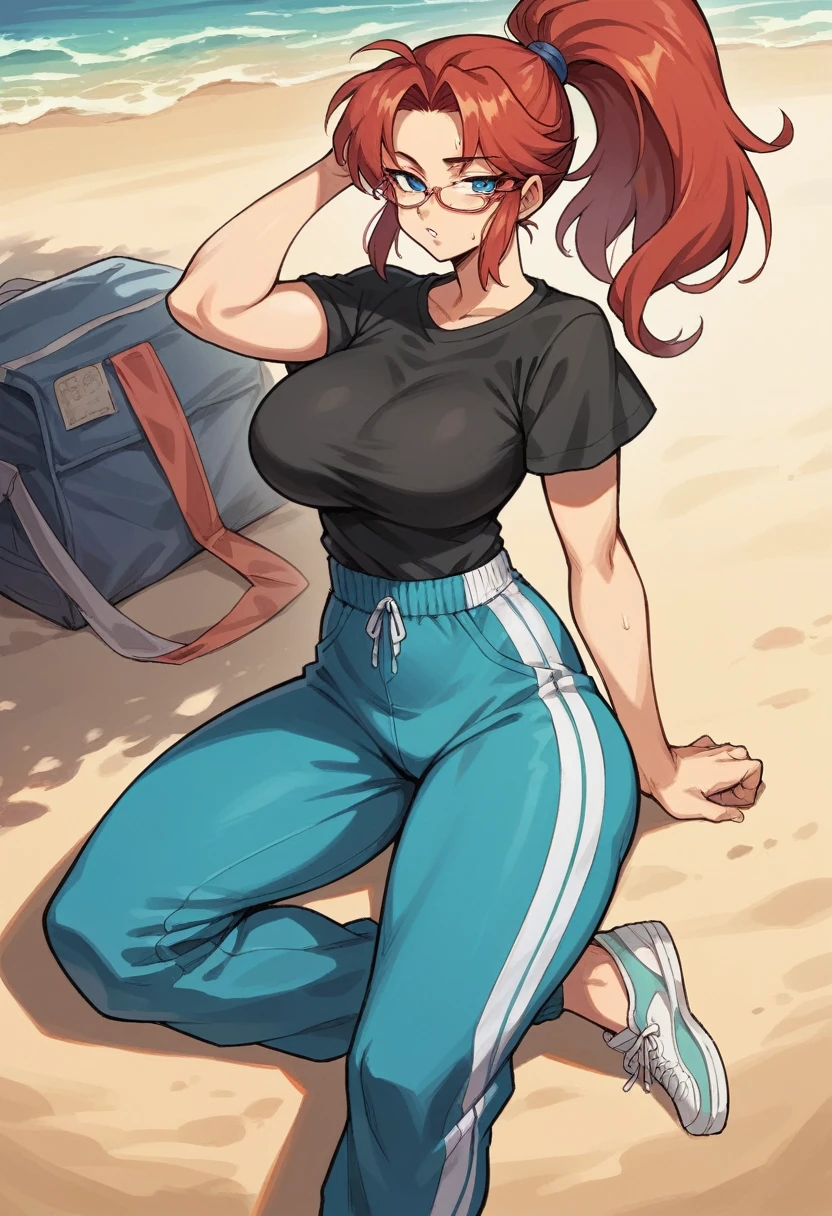 mature woman,, blue colored eyes, red Ponytail, High Ponytail, glasses in hair on forehead,T-shirt tucked into pants ,Black shirt , Black wide leg sweatpants ,On the beach, facing forward, seductive, big ass, calling with her hand 90s anime style