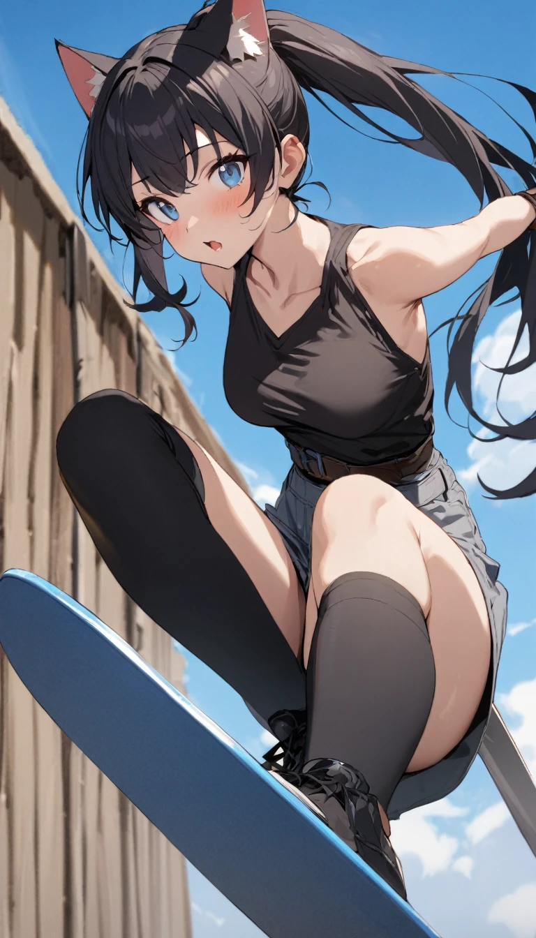 １Girl with cat ears in man、Black Hair、Iris、Adventurer、Floating in the air、Riding on a sword、Skateboarding、The background is blue sky、Masterpiece、