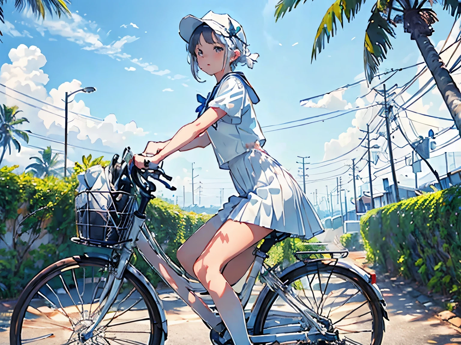 (A riding a white bicycle)、Small and cute、A white sailor dress with short sleeves、Palm tree, Summer blue sky, (Highest quality, masterpiece, High resolution)、8k、wallpaper、