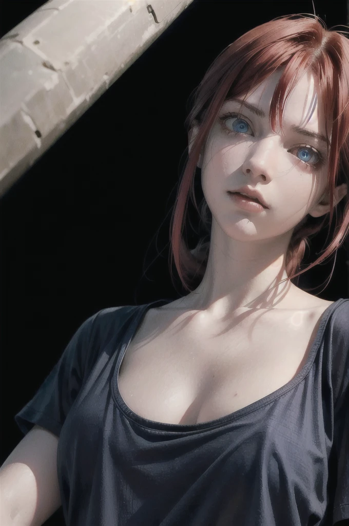 (best quality:1.2),masterpiece,(realism:1.4),
makima \(chainsaw man\),solo, Long Straight Red hair,(blue eyes:1.2),(glowing eyes:1.2),scorn,sharp eyes,t-shirt,sex appeal,
(top down:1.4),
dark environment,black background,
breasts,
