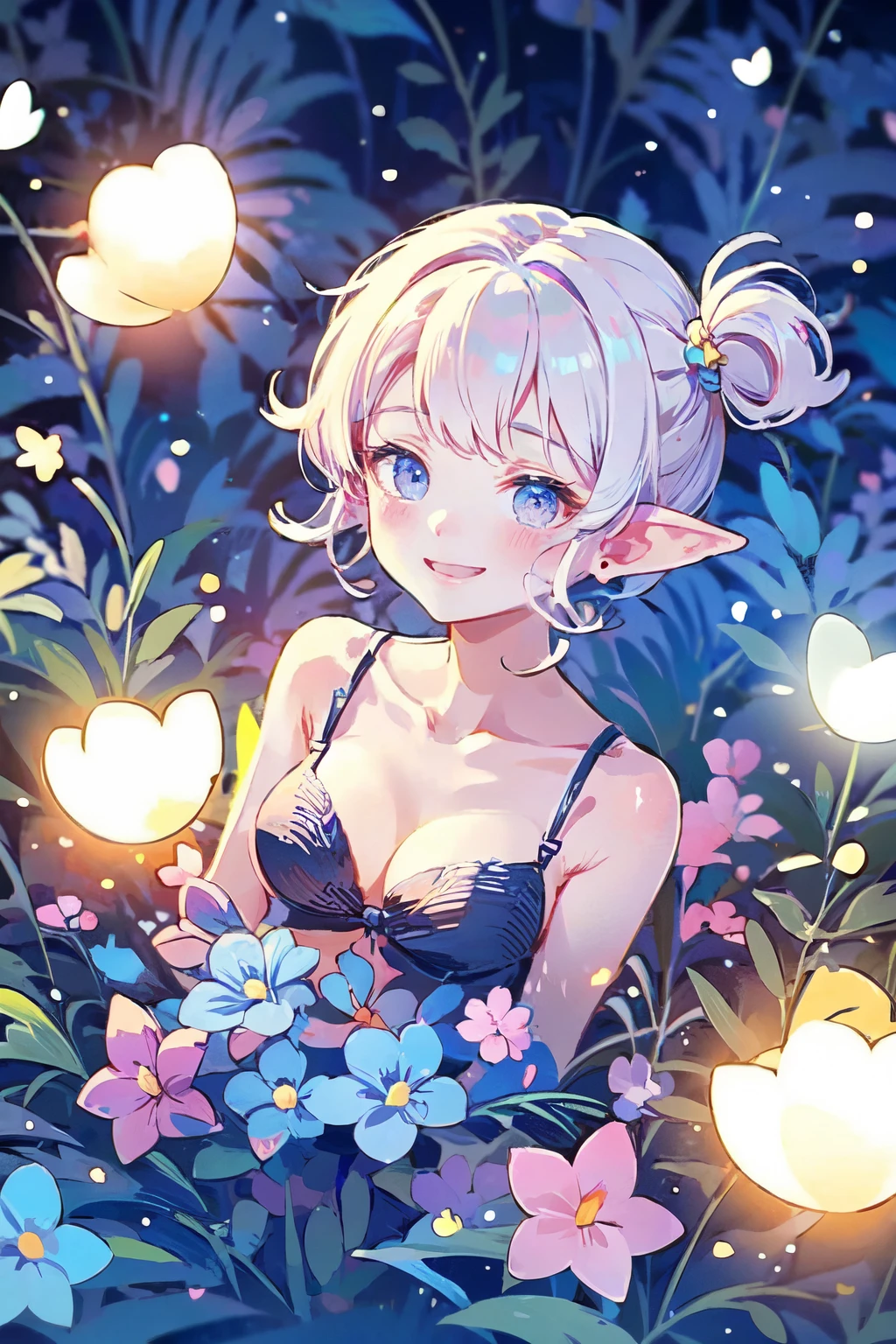 Highest quality、Fairy Girl、Bright and colorful hair、smile、Delicate hair、Highly detailed face、Beautiful cleavage、Whimsical、Perfect lighting、Otherworldly background