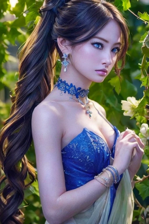 Beautiful black-haired woman with blue eyes, elegant and refined, fish, under sea,Highly detailed face, Detailed eyes, beautiful long eyelashes, complicated details, Award-winning digital art, movie light, Amazing color, realistic, 8k, Masterpiece、(Flowers hide her chest)、(A choker made of ivy)、(The entire body is covered in flowers)、(Bound by vines)、Super Real Photo、Illuminated from the left by strong light、((Flowers cover bare skin))、((編み上げレースドレス))、ponytail、(Bra made of flowers)、View from below、Highly detailed CG integration、Flowing Hair、Super long slit、Twin tails、Bun Hair、(Looking at the viewers with a lonely face)、Wavy Hair、(Random Hairstyles)、(Big earrings、Bracelet)、A strong light shines in.、Particles of light、Dazzling Light、(((斜め上からのカメラアングル)))、