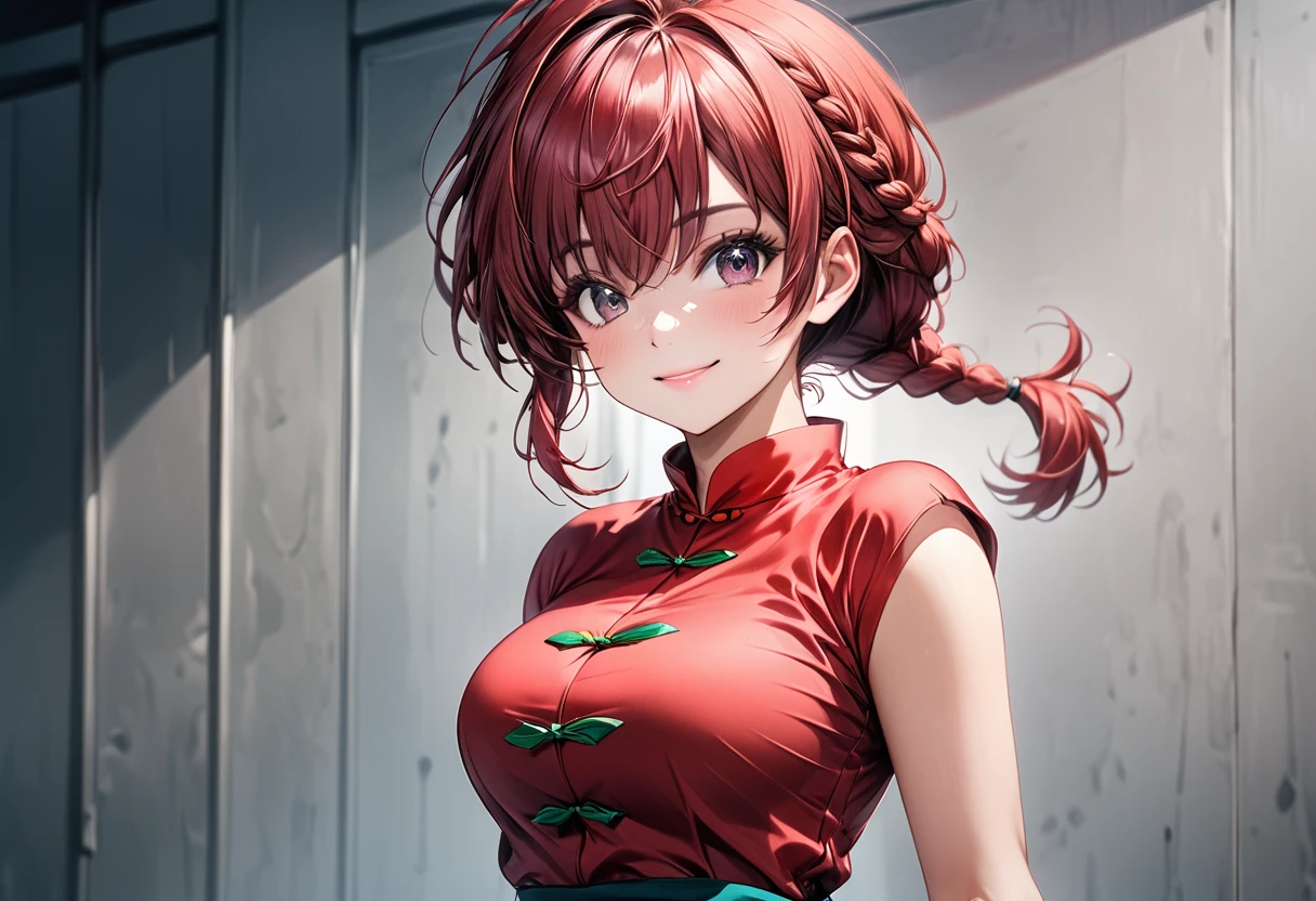 (High resolution:1.4)、(High resolution:1.4)、beautiful girl alone、Symmetrical face、「Ranma Half」character、Super Beauty「Ranma Saotome」、Spirited eyes、Red Hair、A single braid in the back, tied low、Japanese beauty、Challenging smile、To the camera、Cheongsam with short hem、beautiful, Glowing Skin、Softly lit、Cinematic colors、Incredibly realistic textures、Photorealistic and colorful、stylish、beautiful and dense large breasts、Attractive waist、Muscular thighs、To the cameraキック、Underarm、High resolutionの顔と目、Good fingers、