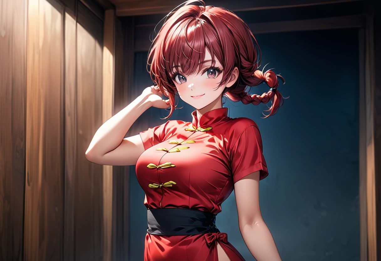 (High resolution:1.4)、(High resolution:1.4)、beautiful girl alone、Symmetrical face、「Ranma Half」character、Super Beauty「Ranma Saotome」、Spirited eyes、Red Hair、A single braid in the back, tied low、Japanese beauty、Challenging smile、To the camera、Cheongsam with short hem、beautiful, Glowing Skin、Softly lit、Cinematic colors、Incredibly realistic textures、Photorealistic and colorful、stylish、beautiful and dense large breasts、Attractive waist、Muscular thighs、To the cameraキック、Underarm、High resolutionの顔と目、Good fingers、