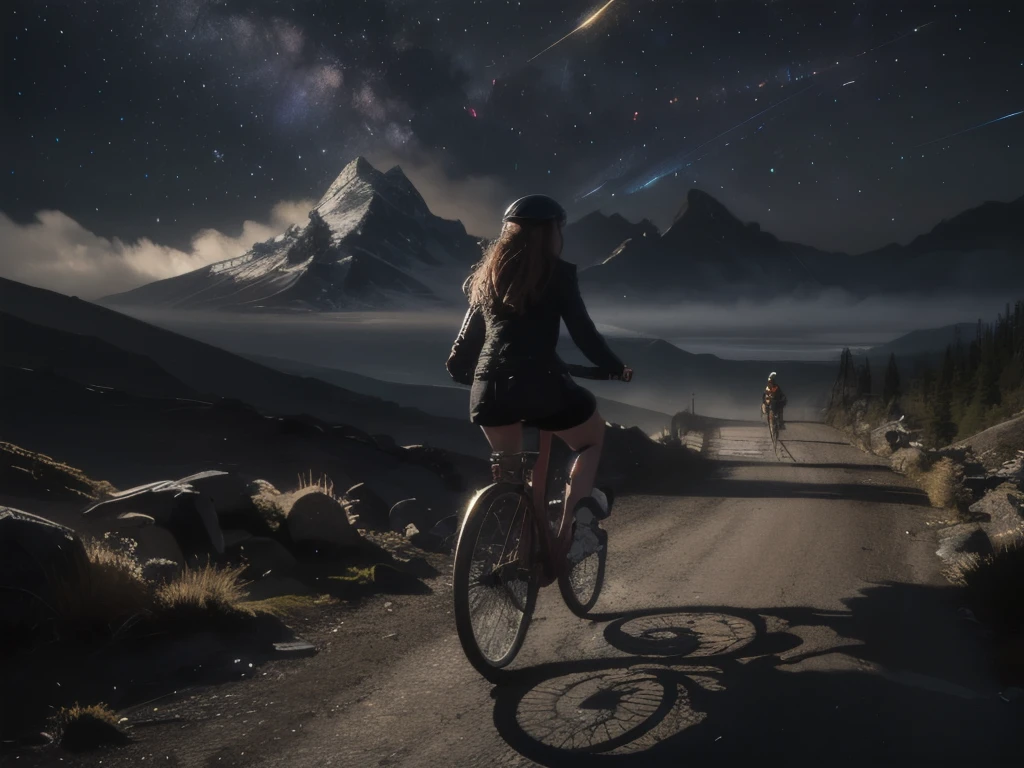 a supernatural girl riding a bicycle in a dark, cursed mountain landscape with a strong backlighting, surrounded by ghostly steam, (best quality, 8k, highres, masterpiece:1.2), ultra-realistic raw photo, professional photography, (realistic, photo-realistic:1.3), cinematic lighting, dramatic rim lighting, meteors, starry sky