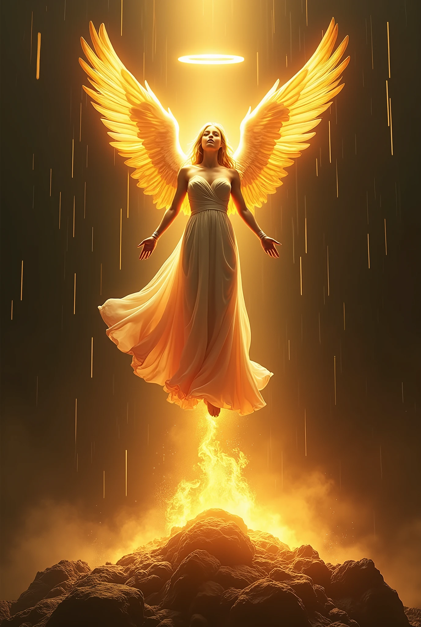 The image is a digital artwork depicting an angelic figure. The central figure has wings that resemble those of a phoenix, with fiery feathers glowing in shades of gold and orange. The figure's attire is reminiscent of classical mythology, with flowing drapery that also catches the light to appear golden. The halo around the head is radiant, suggesting a divine or celestial nature. The background is dark and dramatic, with what appears to be rain streaks in the air, enhancing the mystical atmosphere. The overall impression is one of power, divinity, and transformation, as suggested by the phoenix-like wings.