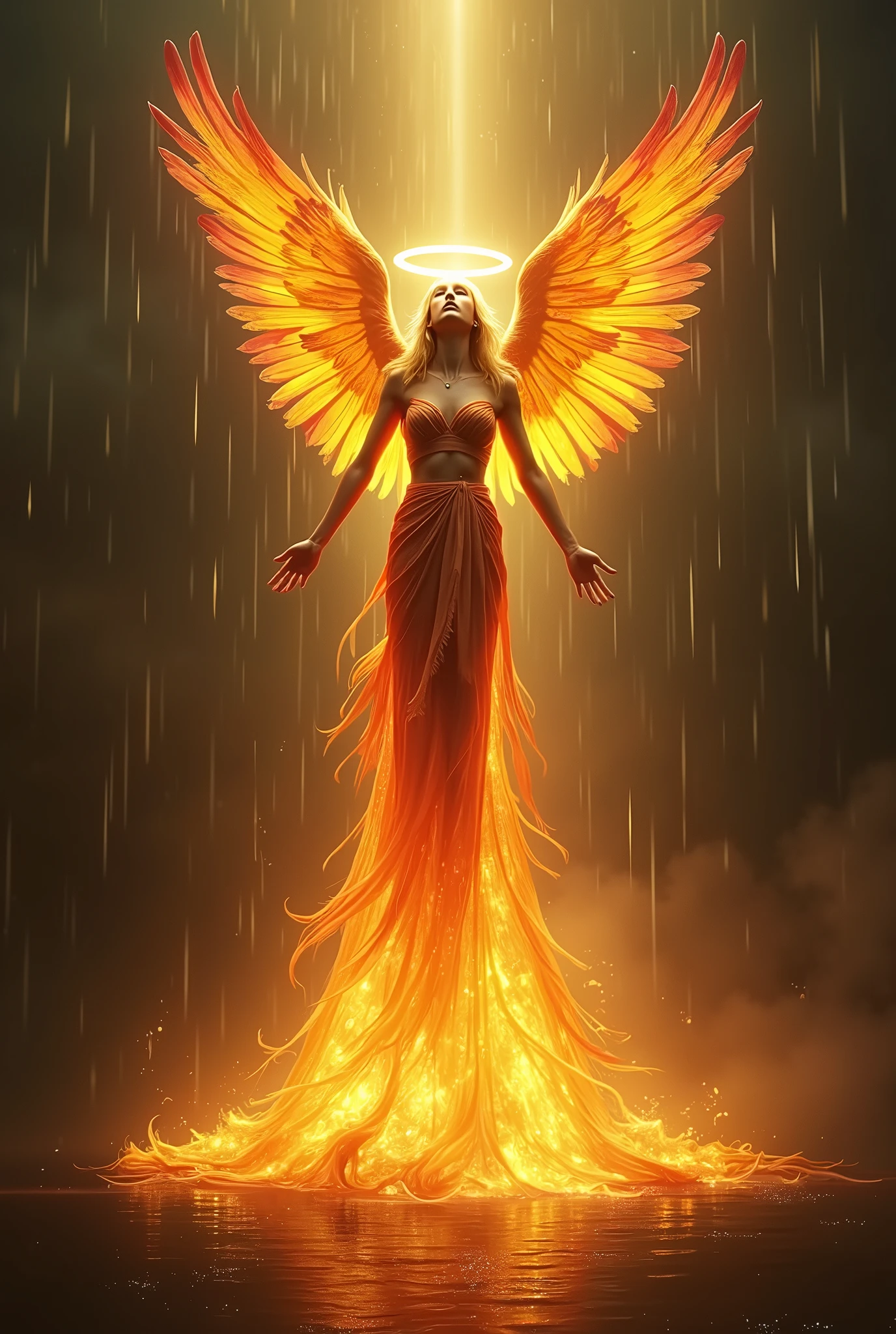 Golden light dances across the angelic figure's phoenix-like wings, their fiery feathers ablaze with warm hues. Classical drapery flows behind, shimmering in harmony. A radiant halo crowns the head, illuminating a path to divinity. Against a dark backdrop, rain streaks swirl, amplifying mystique. The overall composition exudes power, transformation, and celestial essence.