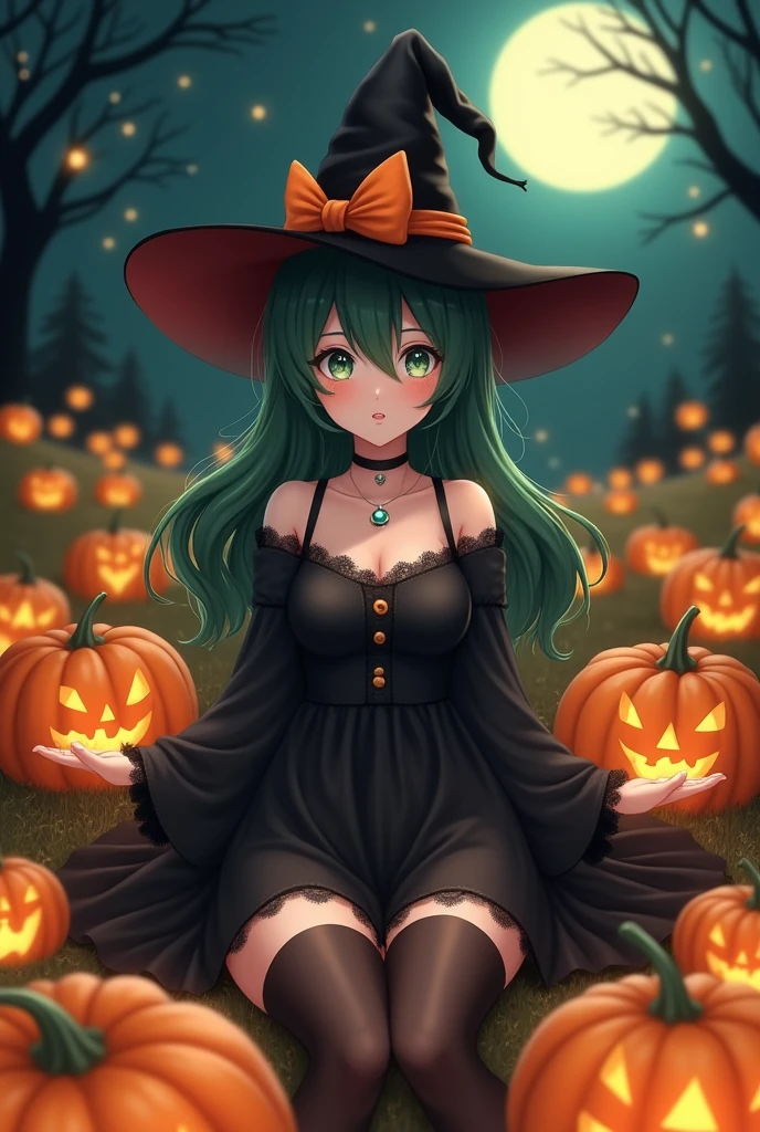Halloween, witch, field of pumpkins, full moon, anime, black dress, dark green hair, stockings, medium boobs, sitting, adult woman, smiling, realistic, witch hat, necklace