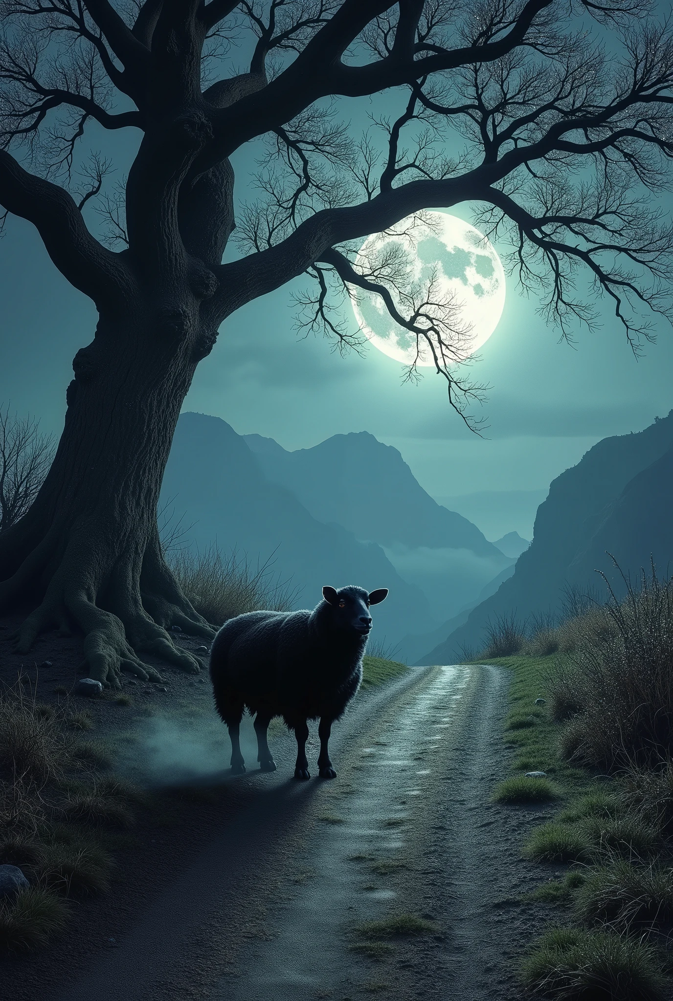 A black sheep in the middle of a dirt road, under a tree, under the moonlight, no estilo 80s dark fantasy
