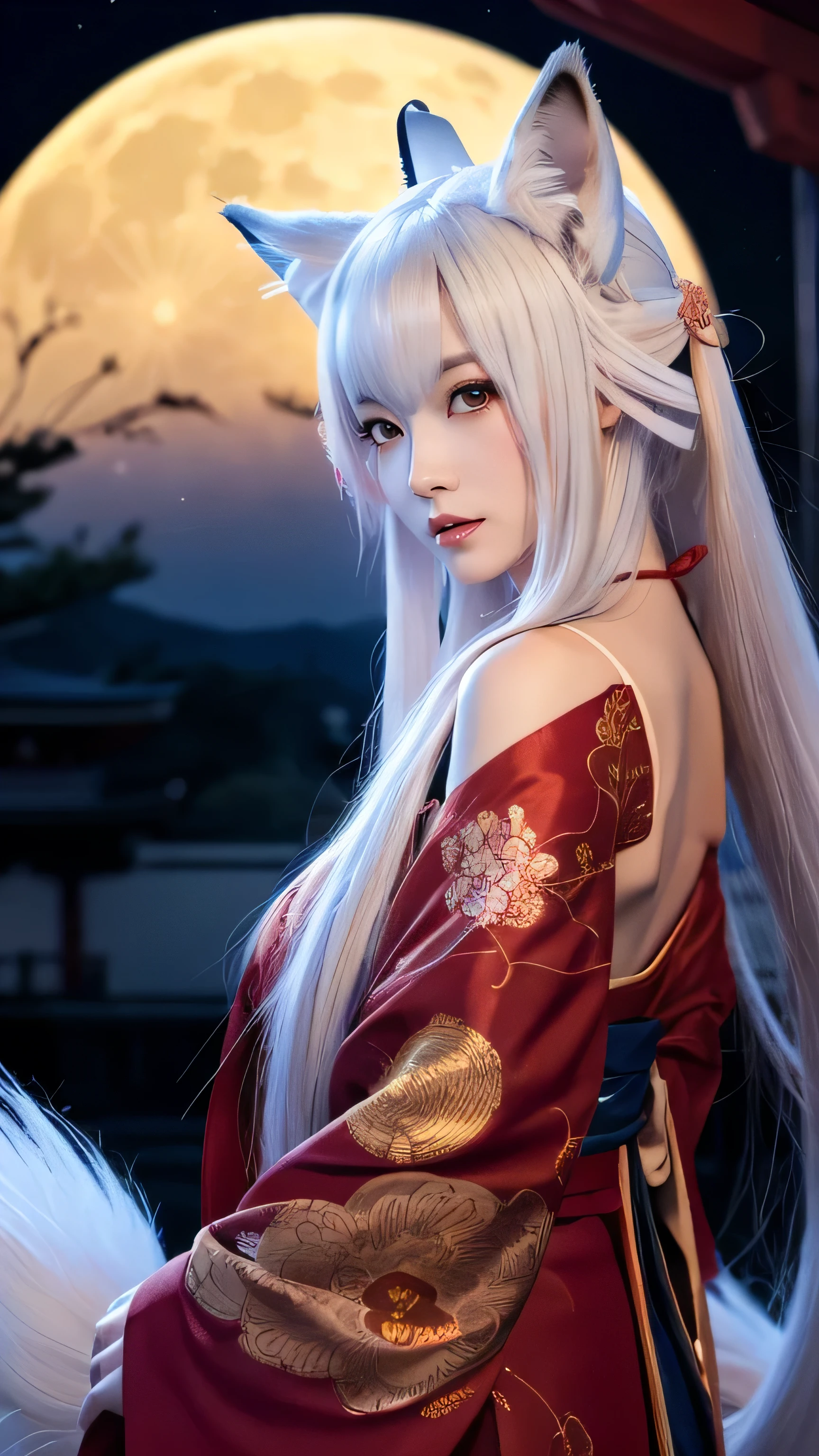 "Depict Tamamo-no-Mae, the legendary nine-tailed fox spirit from Japanese folklore, as a stunningly beautiful woman with fox-like features in an ultra-realistic style. She has long, flowing white hair that cascades down her back, with two large, fluffy fox ears perched on top of her head. Her eyes are large and expressive, glowing softly under the light of the full moon, which illuminates the scene.

She wears a traditional, elegantly designed kimono in deep red, adorned with intricate gold floral patterns that highlight her regal and mystical aura. Her nine tails, voluminous and soft, spread out behind her, creating a striking and ethereal silhouette against the night sky. Cherry blossoms gently fall around her, adding a delicate touch to the scene.

The background features a traditional Japanese torii gate, with the full moon shining brightly in the sky, casting a serene, almost magical glow over the entire setting. This portrayal captures the divine beauty and enigmatic presence of Tamamo-no-Mae, blending traditional Japanese elements with her mythical, supernatural essence."