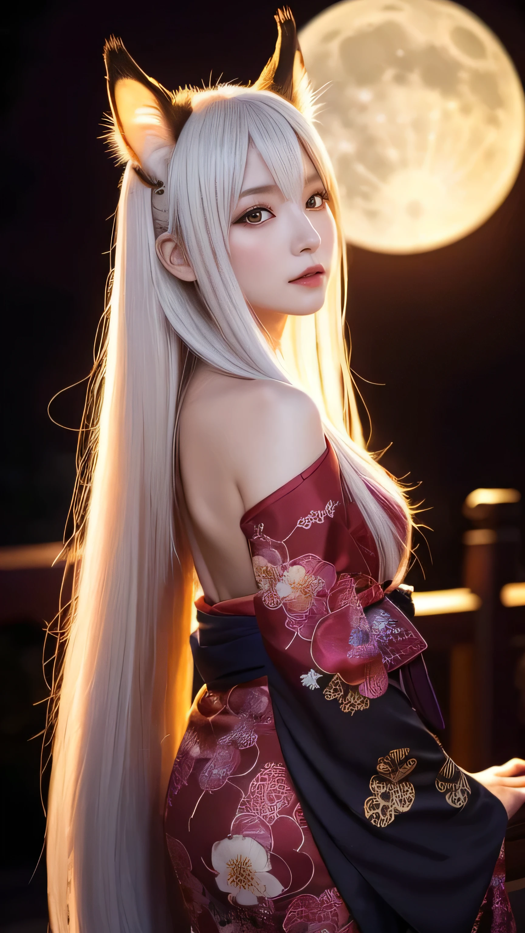 "Depict Tamamo-no-Mae, the legendary nine-tailed fox spirit from Japanese folklore, as a stunningly beautiful woman with fox-like features in an ultra-realistic style. She has long, flowing white hair that cascades down her back, with two large, fluffy fox ears perched on top of her head. Her eyes are large and expressive, glowing softly under the light of the full moon, which illuminates the scene.
She wears a traditional, elegantly designed kimono in deep red, adorned with intricate gold floral patterns that highlight her regal and mystical aura. Her nine tails, voluminous and soft, spread out behind her, creating a striking and ethereal silhouette against the night sky. Cherry blossoms gently fall around her, adding a delicate touch to the scene.
The background features a traditional Japanese torii gate, with the full moon shining brightly in the sky, casting a serene, almost magical glow over the entire setting. This portrayal captures the divine beauty and enigmatic presence of Tamamo-no-Mae, blending traditional Japanese elements with her mythical, supernatural essence."