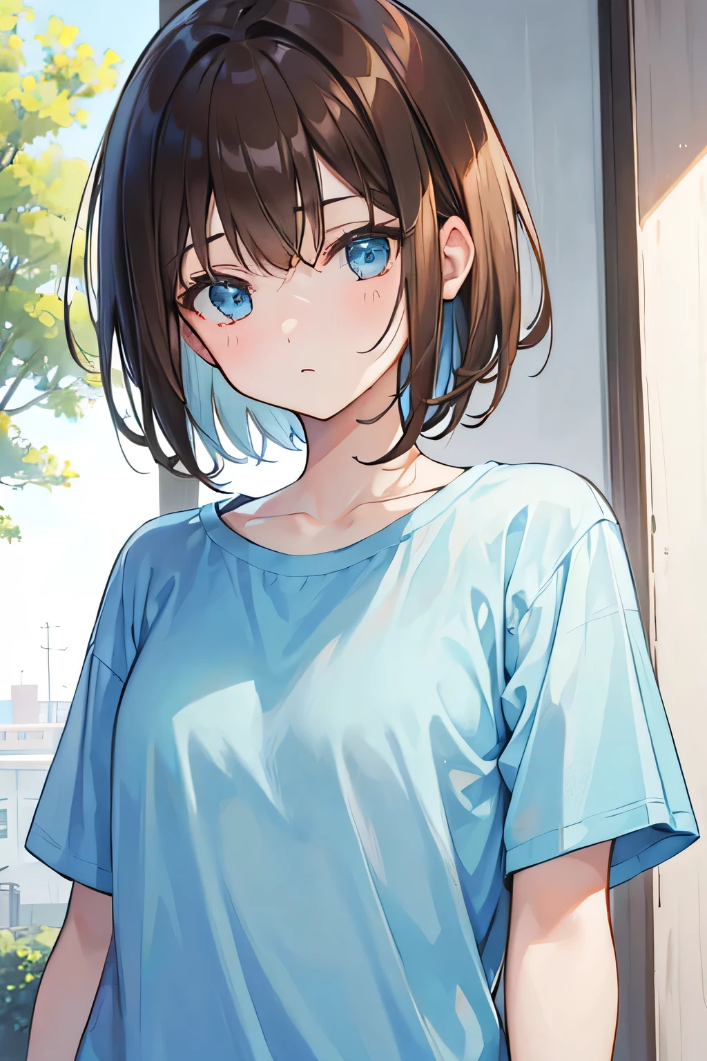 Girl,Brown Hair,short hair,light blue,T-Shirts