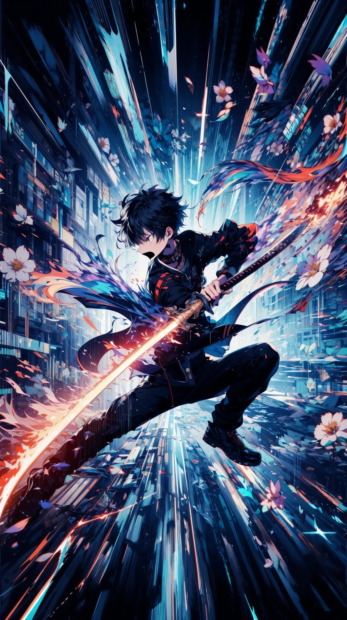 (high quality), (masterpiece), (detailed), 8K, (Teenage boy1.3) strikes an (action pose1.4) in the midst of a (flickering, glitching battlefield1.4), his (sword alive with vibrant energy1.4). As (time warps and distorts1.3) around him, he channels his focus into a (decisive Blossom Slash1.4), sending a (wave of blooming petals1.4) through the (chaotic scene1.3). (Surreal lighting1.3) enhances the dynamic atmosphere. (high quality), (masterpiece), (detailed), 8K, Anime style character with (cool and edgy tattoos1.3), dressed in (fashionable clothing1.2), posing confidently. Expression fierce, stylish accessory coiled around arm. Thicker outlines emphasize striking, modern fashion, vibrant palette enhances scene.