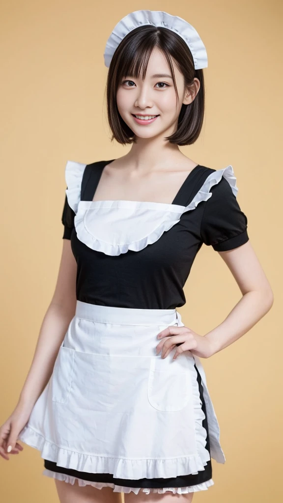(Highest quality:1.5), (Real:1.4), (Ultra high definition:1.4), (No correction:1.4), (18 years old short Japanese girl with big breasts standing front plain background), (Short stature girl), (Asymmetrical bangs), (short hair), (Japanese school girl with black maid outfit and white frilly apron), (Black maid outfit), (White frilly apron), (18 years old short girl with black maid outfit and white frilly apron is standing front plain background), (girl viewed from the front), (Plain background), (Cowboy Shot), (smile), (upright)