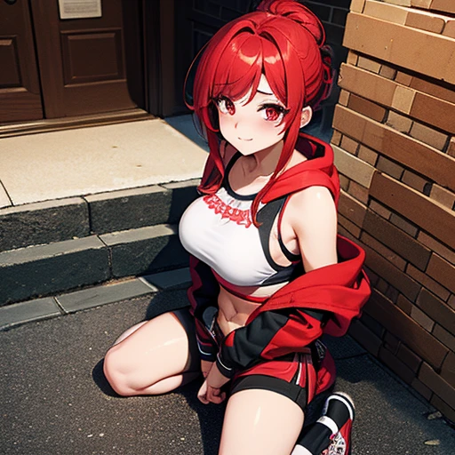 1 girl, Red hair, updo hairstyle, streaks of hair in face, red eyes, mascara, oversized hoodie, midriff, hot pants, tights, laced tights, bags under eyes, sitting, coffee shop, ground angle shot, viewer looking up, feet in tights, saggy tits, chocker, raw photography, 8k, masterwork,