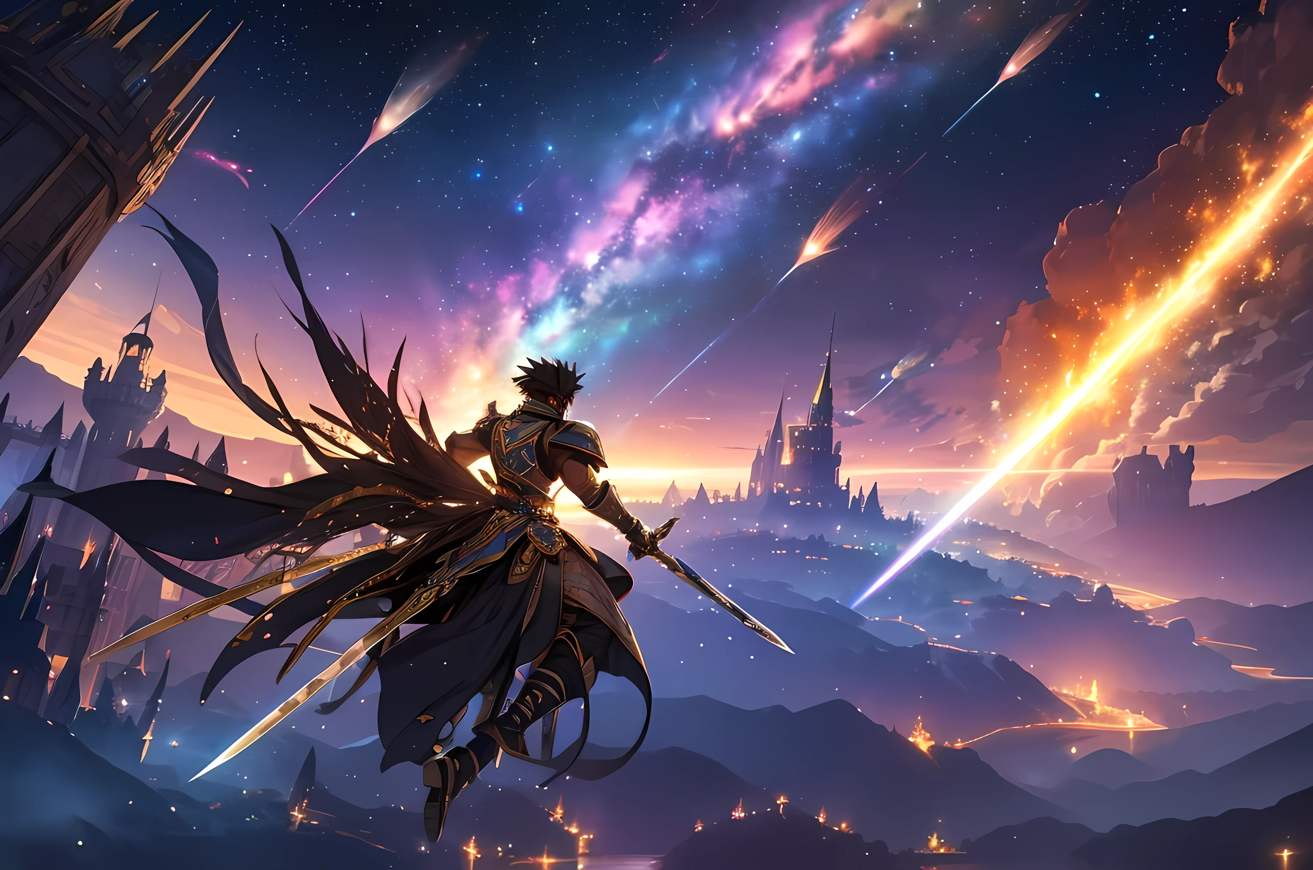 African American male, dark skinned male, long spiky hair, battle outfit, rainbow sword, flying to a castle in space, space, colorful, galaxies, planets, medieval castle, golden castle