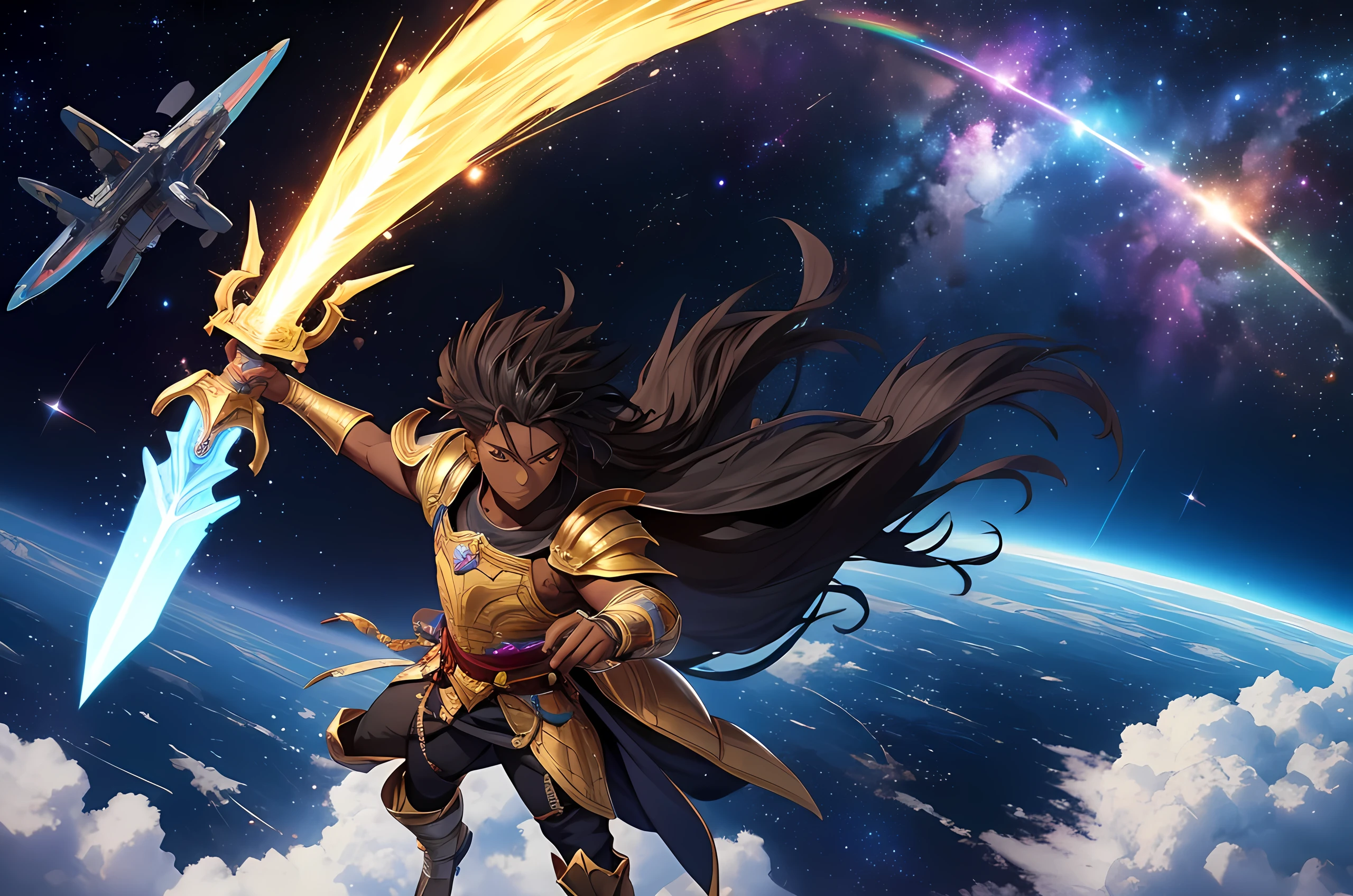 African American male, dark skinned male, long spiky hair, battle outfit, holding a rainbow sword, flying to a castle in space, space, colorful, galaxies, planets, medieval castle, golden castle, golden city