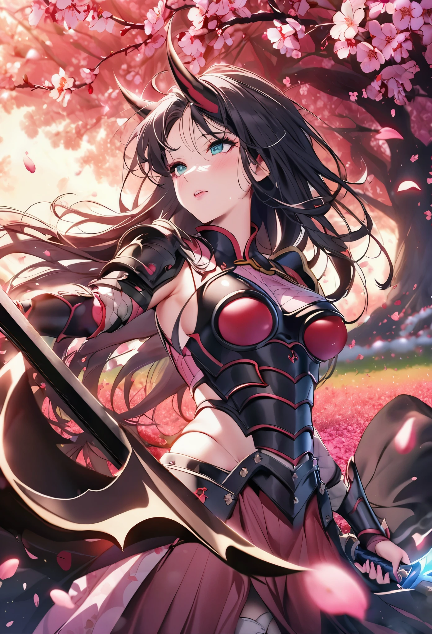 Lucy Liu in feminine samurai battle armor, brightly colored demon themed, dark energy swirls around her, wielding an intricate black bladed sword, she is moving through a cherry orchard, cherry petals falling around her like snow, hateful look on her face, show her from head to toe, show her entire body