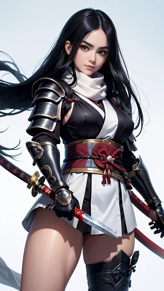 master piece,　best quality,　ultra detailed,　photorealistic,　voluptuous,　****ung girl,　fair skin,　pale skin,　Long Straight hair,　black hair,　smile,　mega breasts,　gorgeous bluck kimono,　cowboy shot,　looking up,　white background,　(Japanese SAMURAI Armor：1.4),　(Black armor:1.2)、No exposed skin、(Wearing a long white scarf:1.2)、grasping katana sword, Samurai, fighting stance 、Thick eyebrows、Slit eyes, long bloodstained sword,  disheveled long black hair、A proud, black-haired beauty standing on the battlefield beloved by the God of War.、　A beautiful woman dominates the battlefield with a single sword