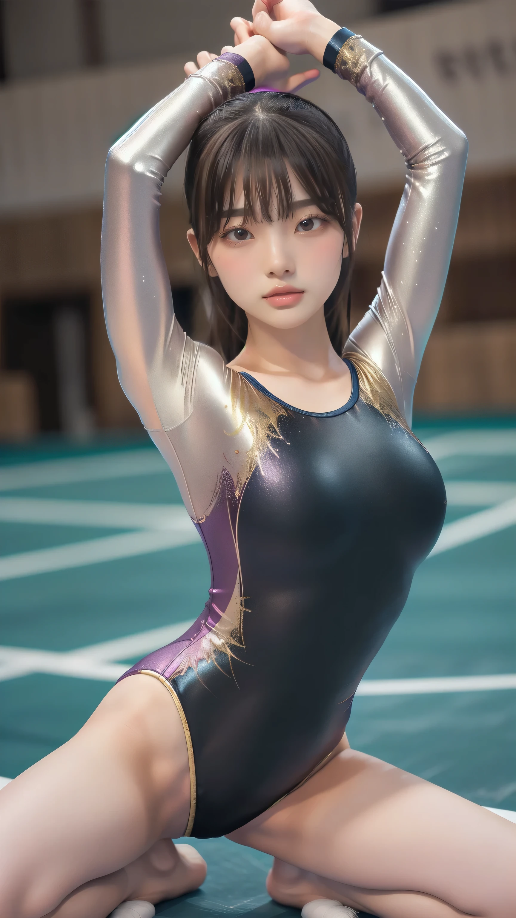 ((indoor, 新Gymnastics arena, Gymnastics arena:1.3)), Vibrance, (Highly detailed skin, Beautiful realistic face, White skin, Pointed Chest, Small nipples, Perfect Anatomy, Realistic eyes, Natural Eyes, Brown eyes, Accurate eye focus, Accurate limbs), (Hyper Realist, ultra-realistic, 4K, Attention to detail, Ultra-high resolution, Highest quality, masterpiece, Presence, dynamic, Uplifting, bold, Sharpness), (Thinning hair:2, Soft Hair:2, Straight hair:1.5, Long, slicked bangs, Light copper amber hair, Hair on one eye, Twin tail hair), (Female gymnast, Detailed costume, She wore a tight-fitting long-sleeved leotard.:1.5), Shiny long sleeve leotard, Metallic colors long sleeve leotard, Racing long sleeve leotard, Gymnastics Long Sleeve Leotard, ((High leg long sleeve leotard, Long sleeve leotard with crystal embellishment)), ({Metallic red color| Metallic purple color| Metallic white color| Metallic navy color| Metallic pink color| Metallic gold color| Metallic silver color| Metallic black color| Metallic colors}Long sleeve leotard colors), (Big Breasts:1.5), Tall, Elongated arms and legs, Small waist, Small hips, (Crouching, M-shaped split, squat:1.2, squat with your legs wide apart, Spread your legs), The long-sleeved leotard is digging into her butt, barefoot, Looking into the camera, smile, (Underhair does not grow), 