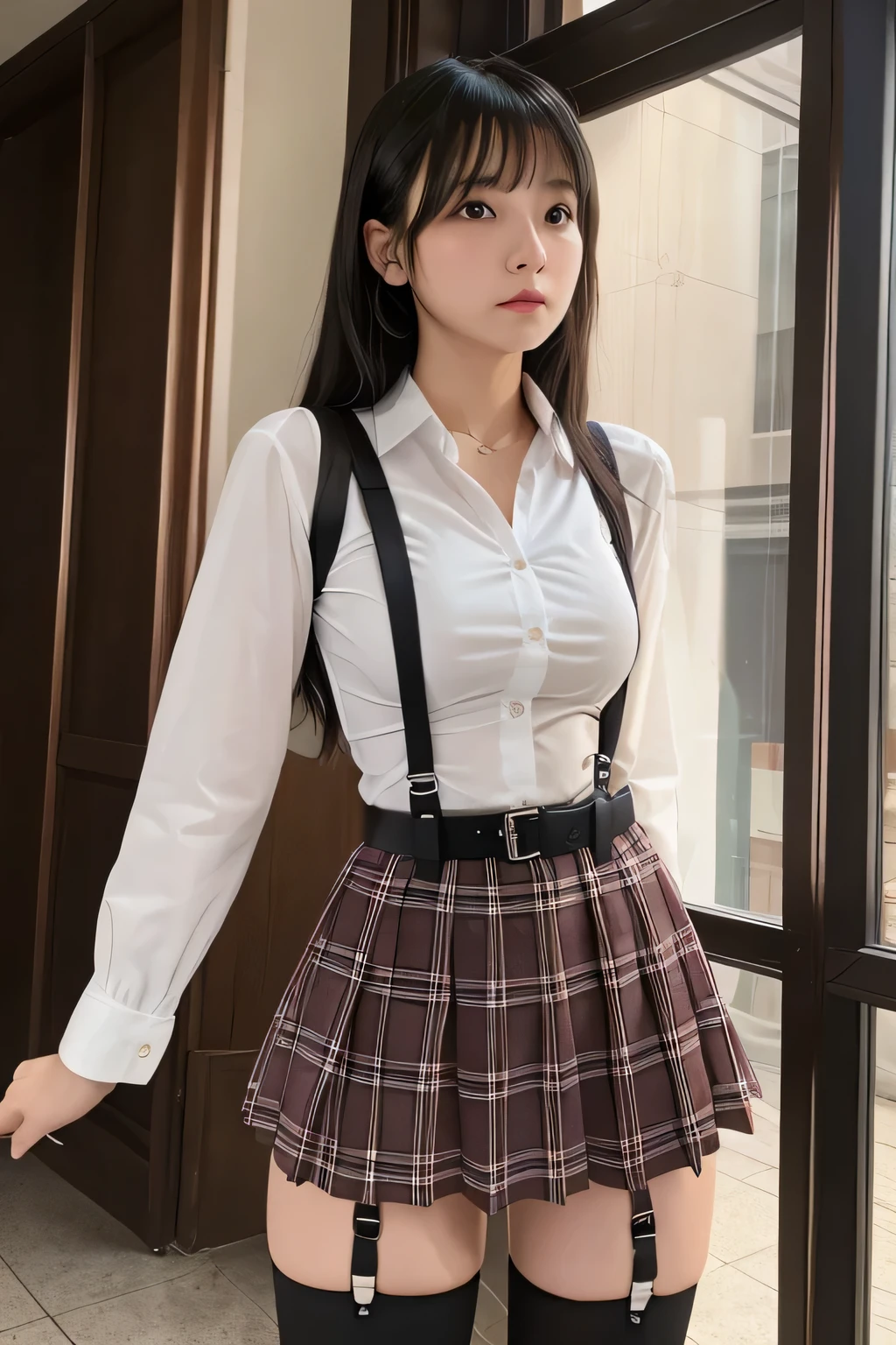 1 female, , high quality, masterpiece, Ultra-high resolution, Cinema Lighting, 1 female, , high quality, masterpiece, Ultra-high resolution, , Cinema Lighting, suspenders　　　Moderate breasts　 　 　　　　　 　　　　Small face　 　　　　　　　　　　　Looking up　　　　Sweat 　　　Thin belt　buzzer　脇Sweat 　　　　 　garter belt　　Belt on pants　　holster　 　　Hands behind your back　 　Looking up　Anxious face　Knee-high　Knee socks　Knee-highソックス 　garter　ふとももにgarter belt　Checkered mini skirt　 　　Panty shot　Skirt gap Armament　　　holster　holster 　　Hands behind your back　 Anxious expression　　Anxious face, legs apart　Armament　　Leg Holster　holster　See-through clothing　heavy rain　Rain-soaked dress shirt,Moderate breasts　ガーターbelt　suspenders　Garter on the thigh　Checkered mini skirt　Looking up　Pause　belt　Armpit sweat　Hands behind back　Raise your hands