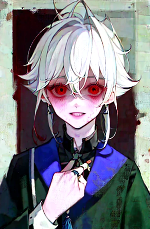 masterpiece, male focus, 1boy, solo, white hair, tassel earrings, tassel, jewelry, earrings, wearing collar, wearing blue school uniform, weird background, red eyes, short messy hair, blood, knives, upper body, hair between eyes, fluffy hair, psychotic obsessive expression, uncanny smile, yandere expressions, bloody face