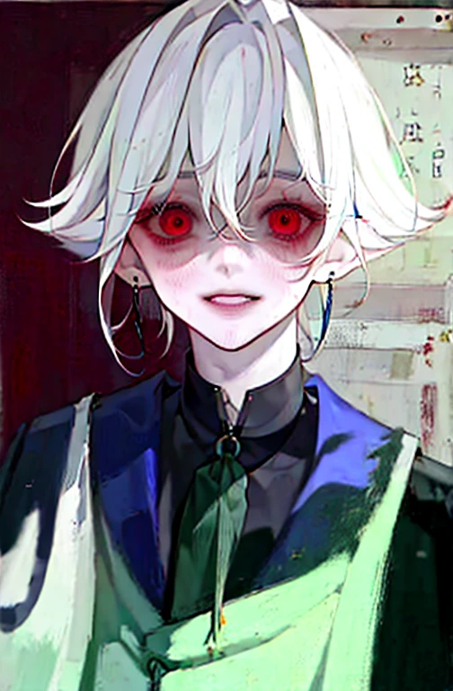 masterpiece, male focus, 1boy, solo, white hair, tassel earrings, tassel, jewelry, earrings, wearing collar, wearing blue school uniform, weird background, red eyes, short messy hair, blood, knives, upper body, hair between eyes, fluffy hair, psychotic obsessive expression, uncanny smile, yandere expressions, bloody face