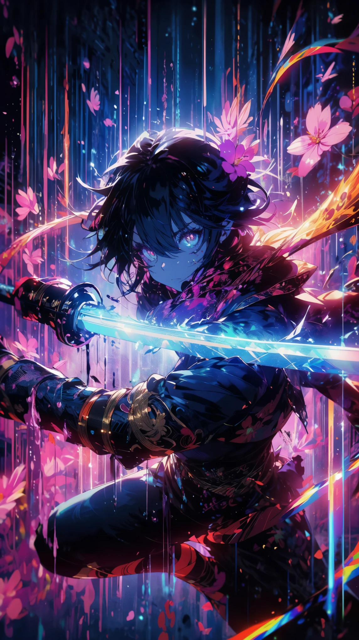 (high quality), (masterpiece), (detailed), 8K, (age girl1.3) poised for battle, grips her (sword tightly1.4) as it (crackles with vibrant energy1.4). The (space around her1.3) flickers with (glitches1.3), distorting time as she prepares to execute a (powerful Blossom Slash1.4), the (petals of the attack1.3) ready to cut through the (distorted reality1.3). (Intense lighting1.3) adds to the scene's tension. (high quality), (masterpiece), (detailed), 8K, Anime style character with (cool and edgy tattoos1.3), dressed in (fashionable clothing1.2), posing confidently. Expression fierce, stylish accessory coiled around arm. Thicker outlines emphasize striking, modern fashion, vibrant palette enhances scene.